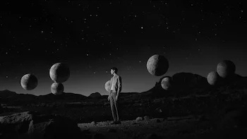 Hermès commercial black and white still of a man standing in the middle of a desert and surrounded by miniature moons