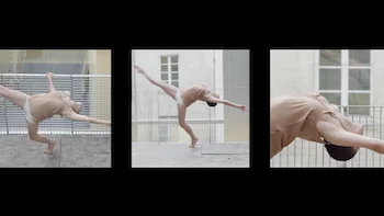 Graphic mosaic of three film frames from different angles of the same dancer posing