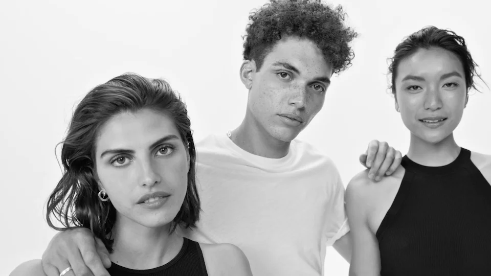 Black and white group shot of three young diverse models in the Vichy Normarderm commercial film directed by Barnaby Roper